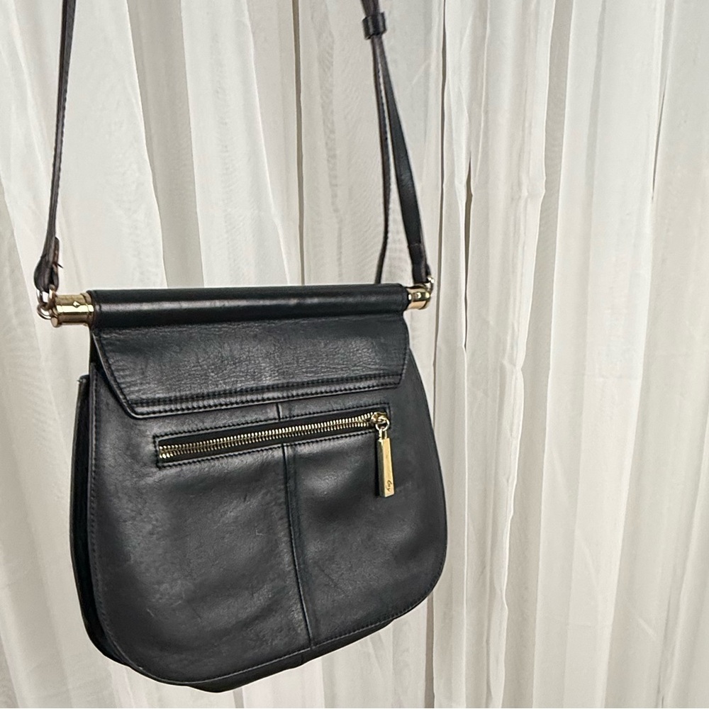 Antonio Melani Black Leather Crossbody Flap Bag Gold Hardware - Picture 3 of 14